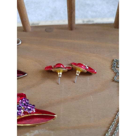 Mixed Lot Red Hat Society Jewelry Necklace Brooch Costume Stud Angel Charms Rhin - Picture 5 of 6